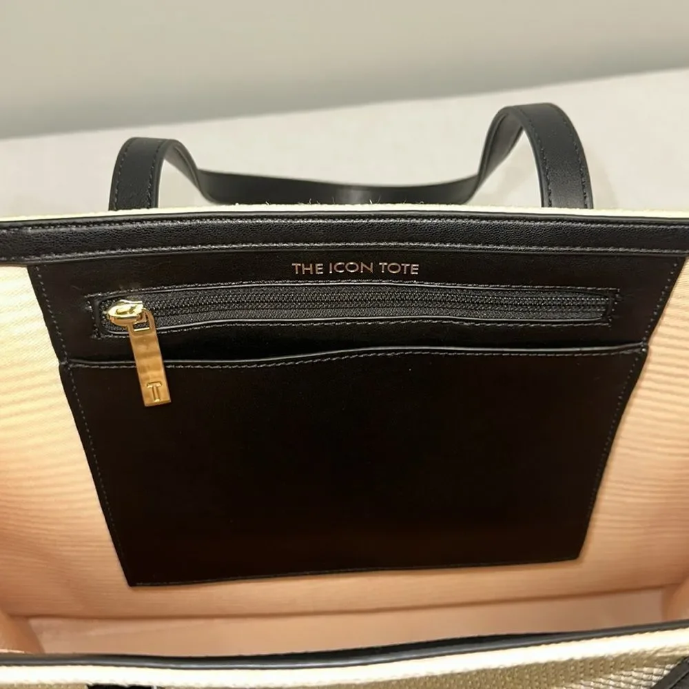 TED BAKER The Icon Palmer Tote Ivory Straw Black Faux Leather Embroidered Logo